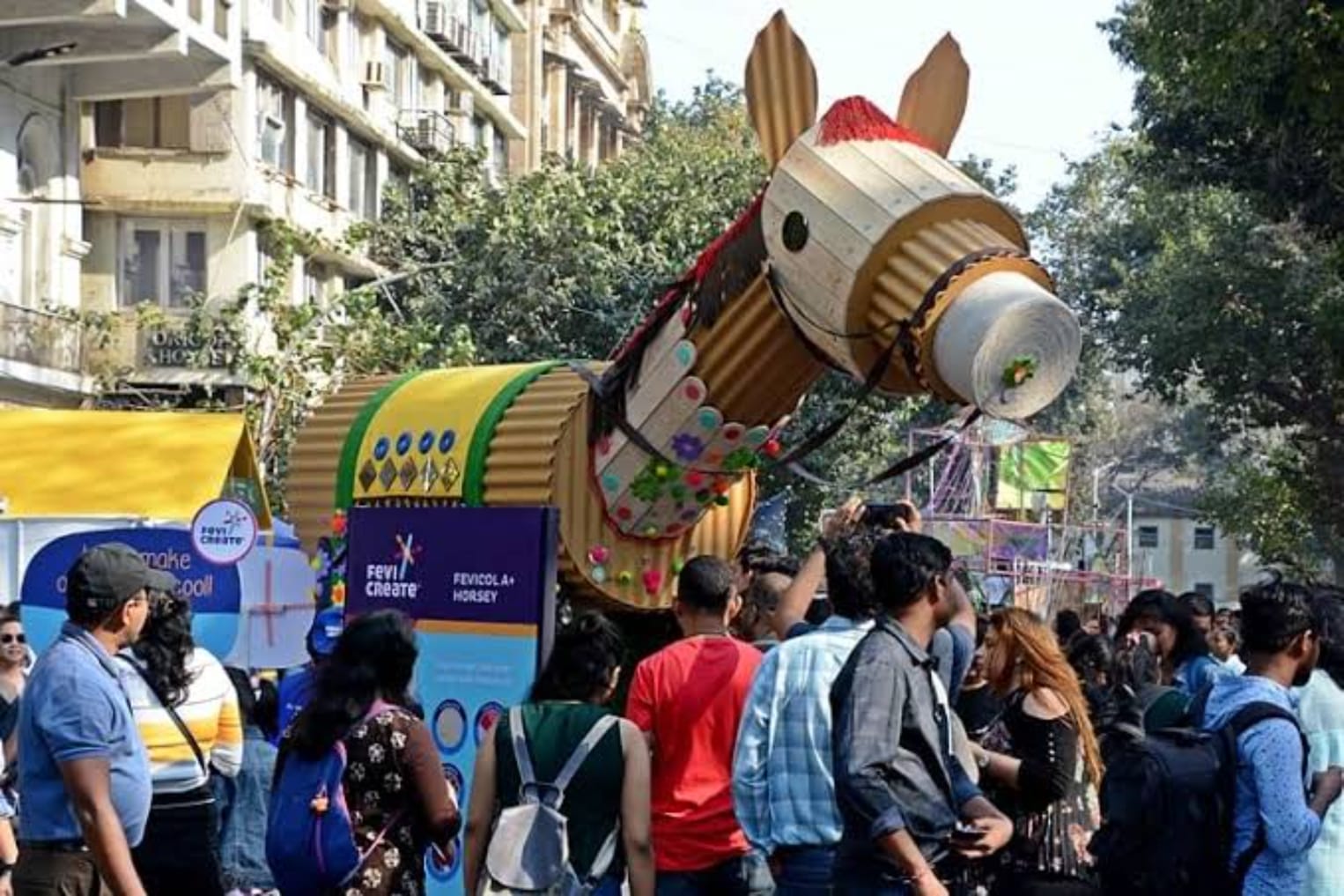 Kala Ghoda Art Festival near hotels near Marine Drive, featuring vibrant artworks, cultural performances, and a lively atmosphere